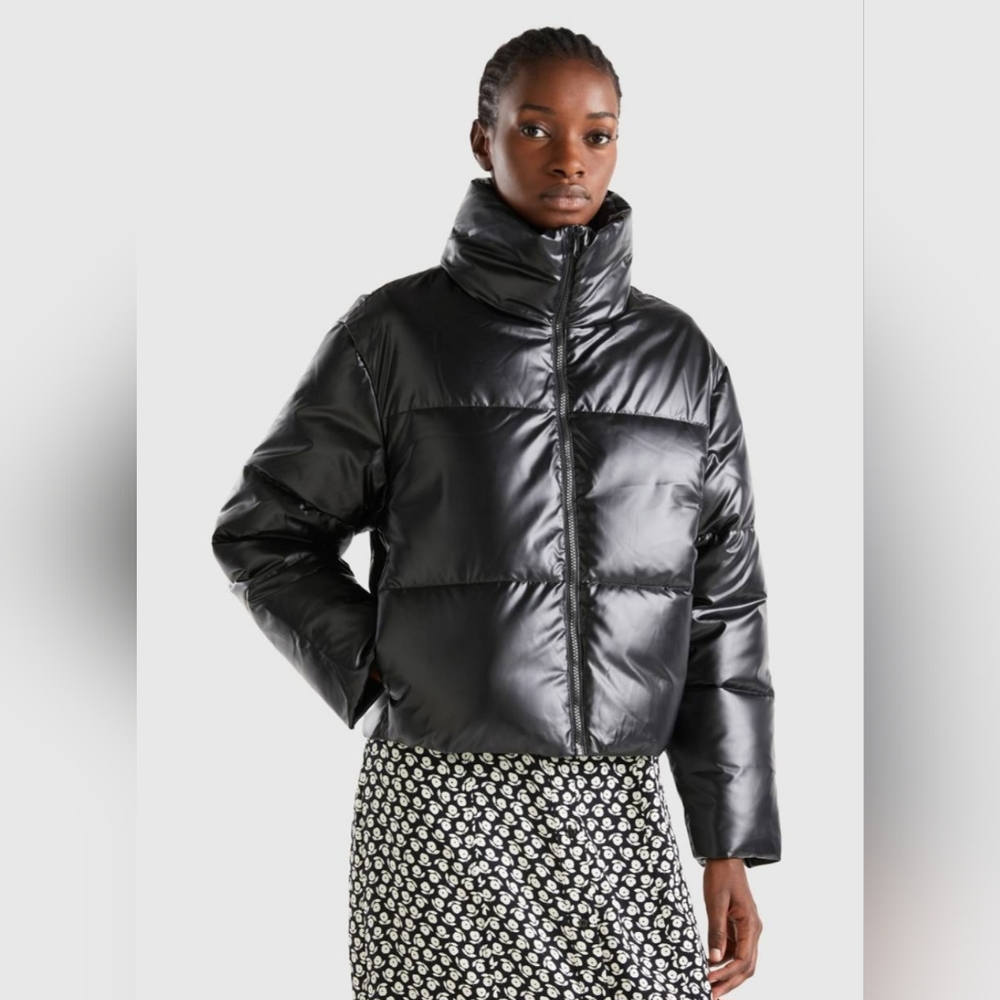 Benetton Padded Puffer Winter Jacket Black High Neck Zip Closure Size Small